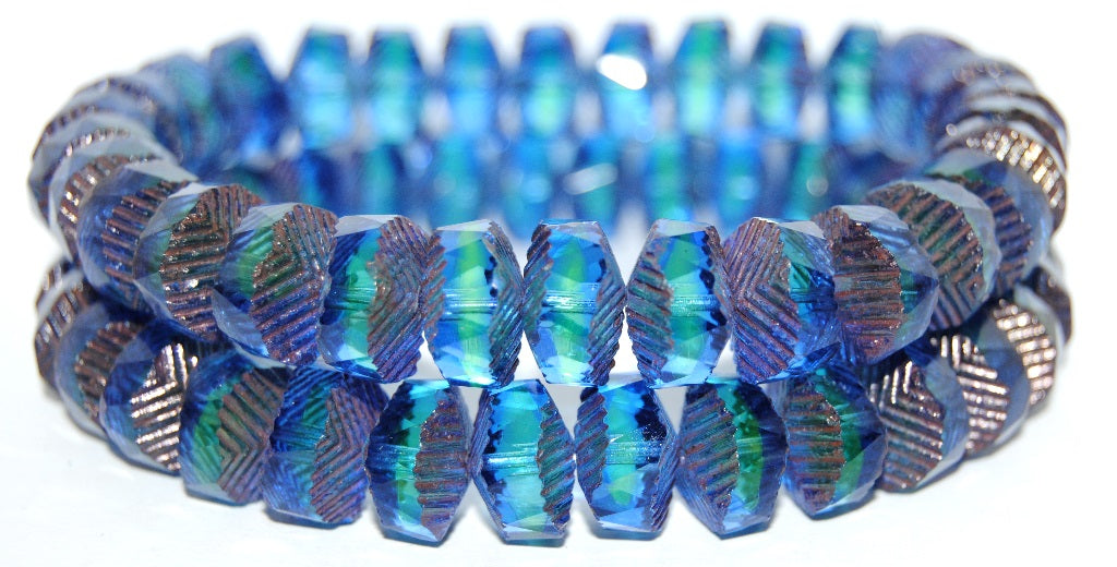 Faceted Cathedral Fire Polished Glass Beads, Blue Green Uranium Bronze (87311-14415), Glass, Czech Republic