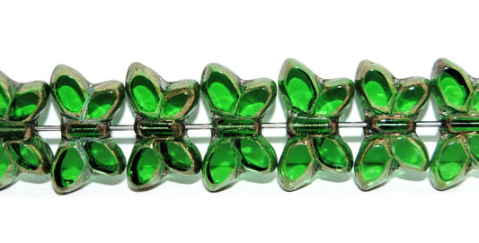 Table Cut Butterfly Beads, Transparent Green Bronze (50130-14415), Glass, Czech Republic
