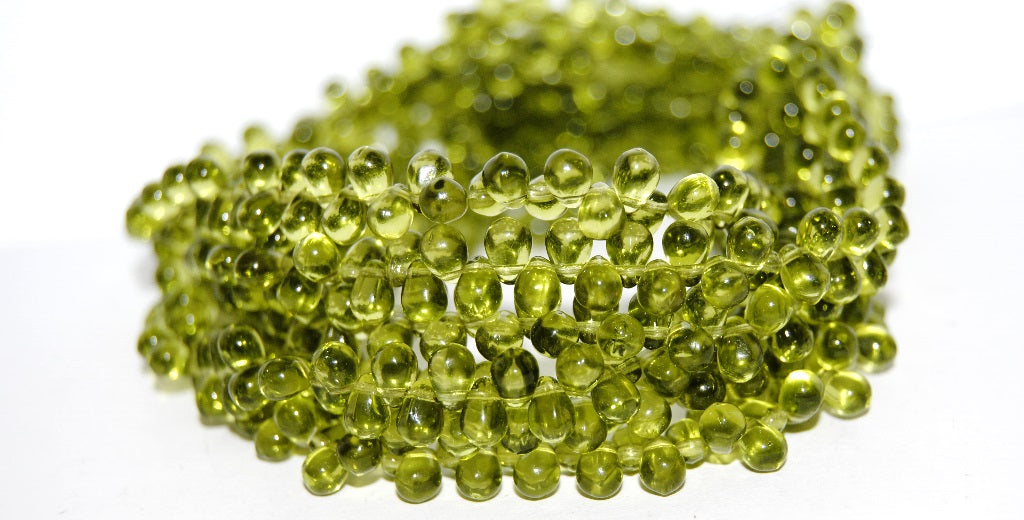 Pear Drop Pressed Glass Beads, Transparent Green (50230), Glass, Czech Republic
