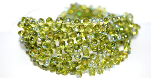 Pear Teardrop Pressed Glass Beads, Transparent Green Ab (50230-AB), Glass, Czech Republic