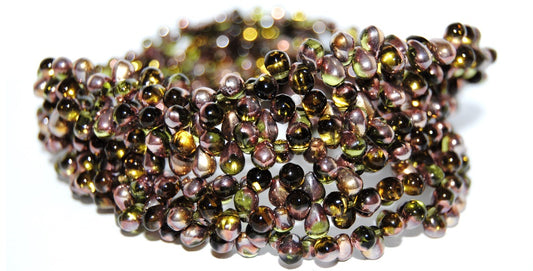 Pear Teardrop Pressed Glass Beads, Transparent Green Rose Gold Capri (50230-27101), Glass, Czech Republic