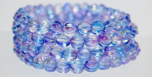 Melon Round Pressed Glass Beads With Stripes,Glossy Blue Violet (48102), Glass, Czech Republic