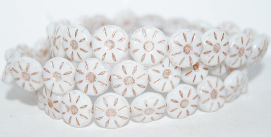 Flower Pressed Glass Beads, White Copper Lined (02010-54200), Glass, Czech Republic