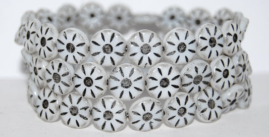 Flower Pressed Glass Beads, White Black Lined (02010-23202), Glass, Czech Republic