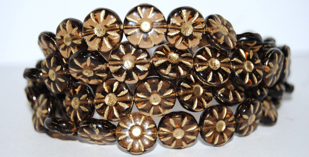 Flower Pressed Glass Beads, Transparent Brown Gold Lined (10230-54202), Glass, Czech Republic