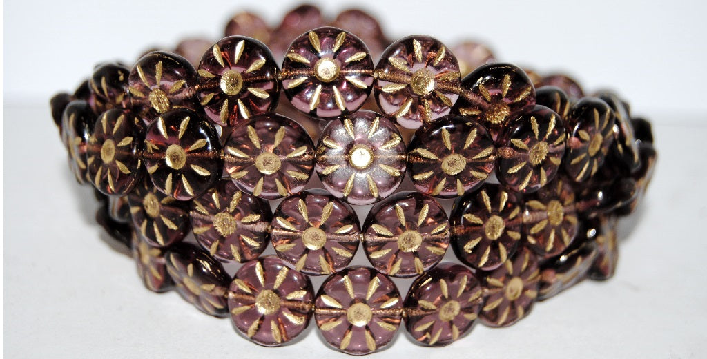 Flower Pressed Glass Beads, Transparent Light Amethyst Gold Lined (2004050MIX-54202), Glass, Czech Republic