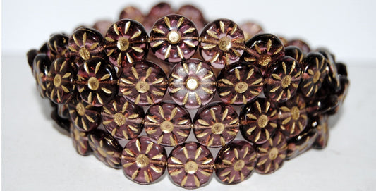 Flower Pressed Glass Beads, Transparent Light Amethyst Gold Lined (2004050MIX-54202), Glass, Czech Republic