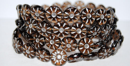 Flower Pressed Glass Beads, Transparent Brown Silver Lined (10230-54201), Glass, Czech Republic