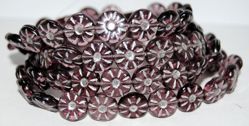 Flower Pressed Glass Beads, Transparent Light Amethyst Silver Lined (2004050MIX-54201), Glass, Czech Republic