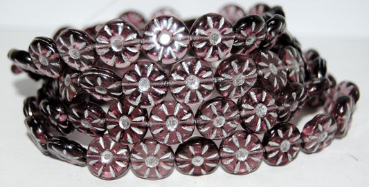 Flower Pressed Glass Beads, Transparent Light Amethyst Silver Lined (2004050MIX-54201), Glass, Czech Republic