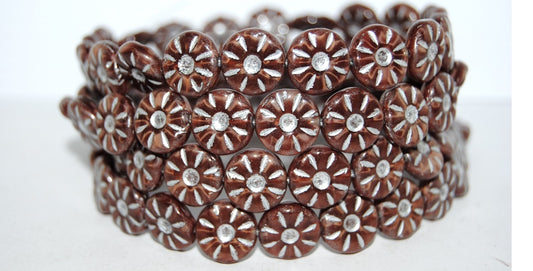 Flower Pressed Glass Beads, Silky Brown Silver Lined (17602-54201), Glass, Czech Republic