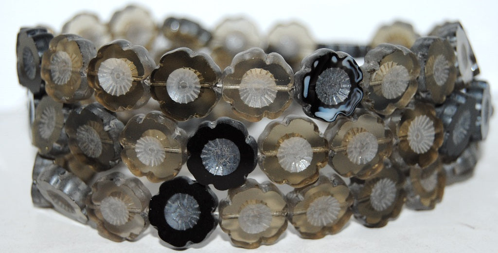 Table Cut Round Beads Hawaii Flowers, Gray Mixed Colors 2 (GRAY-MIX-2), Glass, Czech Republic