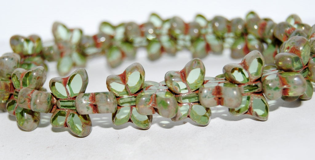 Table Cut Butterfly Beads, Transparent Green Picasso (50500-43400), Glass, Czech Republic