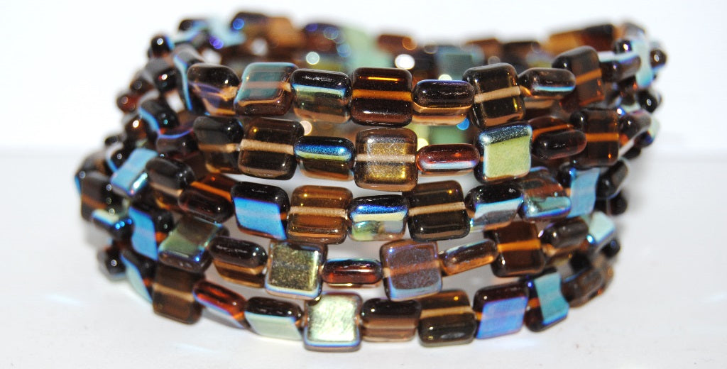 Flat Square Pressed Glass Beads, Mixed Colors Topaz Ab (MIX-TOPAZ-AB), Glass, Czech Republic