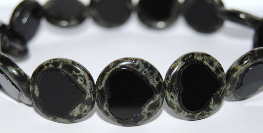 Table Cut Round Beads With Heart, Black Travertin (23980-86800), Glass, Czech Republic