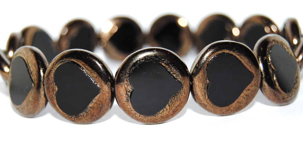 Table Cut Round Beads With Heart, Black Bronze (23980-14415), Glass, Czech Republic