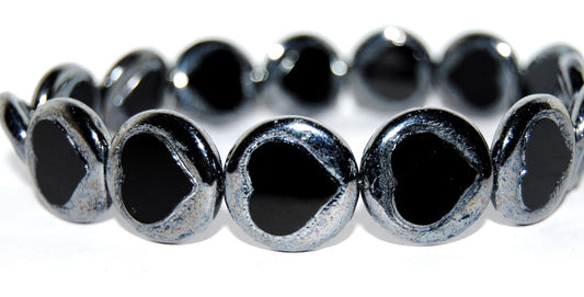 Table Cut Round Beads With Heart, Black Hematite (23980-14400), Glass, Czech Republic