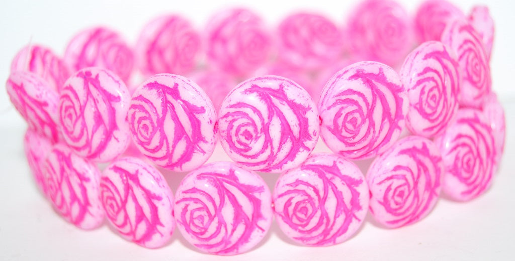 Round Flat Rose Flower Pressed Glass Beads,White Pink Lined (02010-46470), Glass, Czech Republic