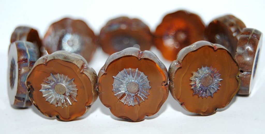 Table Cut Round Beads Hawaii Flowers,Mix Brown Crystal Picasso (16617-43400), Glass, Czech Republic