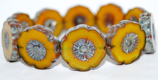 Table Cut Round Beads Hawaii Flowers,Opal Yellow Picasso (81210-43400), Glass, Czech Republic