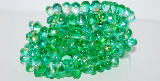 Pear Teardrop Pressed Glass Beads, Glossy Green Yellow (48110), Glass, Czech Republic