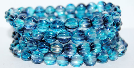 Melon Round Pressed Glass Beads With Stripes, Glossy Turquoise Blue (48103), Glass, Czech Republic