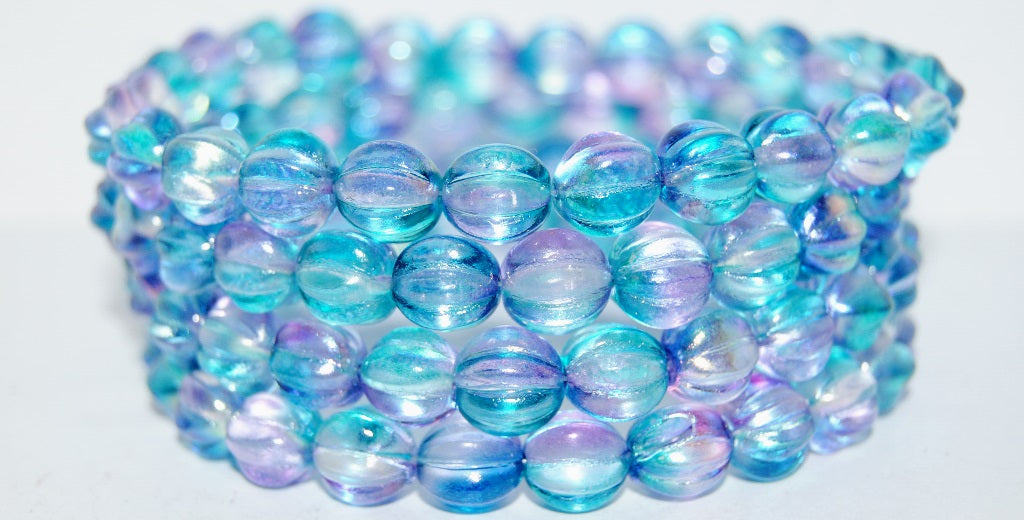 Melon Round Pressed Glass Beads With Stripes, Glossy Blue Purple (48123), Glass, Czech Republic
