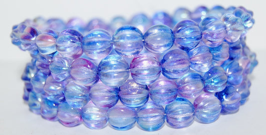 Melon Round Pressed Glass Beads With Stripes, Glossy Blue Violet (48102), Glass, Czech Republic