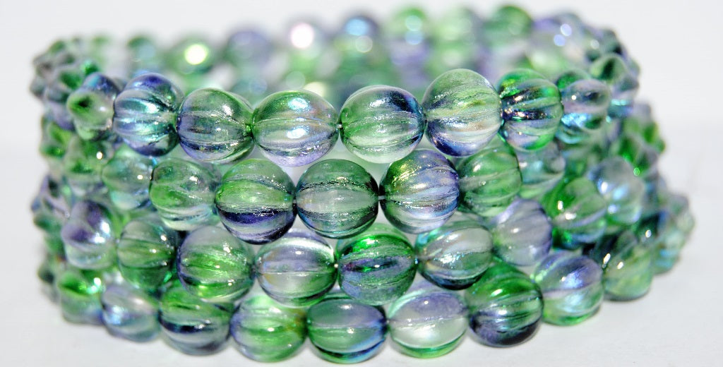 Melon Round Pressed Glass Beads With Stripes,Glossy Purple Green (48106), Glass, Czech Republic