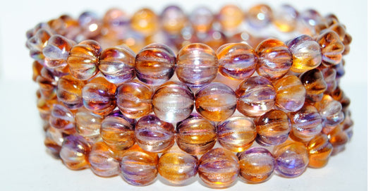 Melon Round Pressed Glass Beads With Stripes, Glossy Purple Gold (48107), Glass, Czech Republic