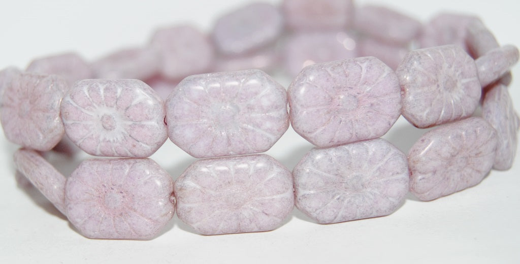 Rounded Rectangle With Flower Pressed Glass Beads, White Luster Lila (02010-14494), Glass, Czech Republic