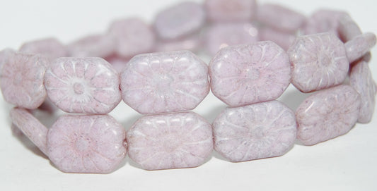 Rounded Rectangle With Flower Pressed Glass Beads, White Luster Lila (02010-14494), Glass, Czech Republic