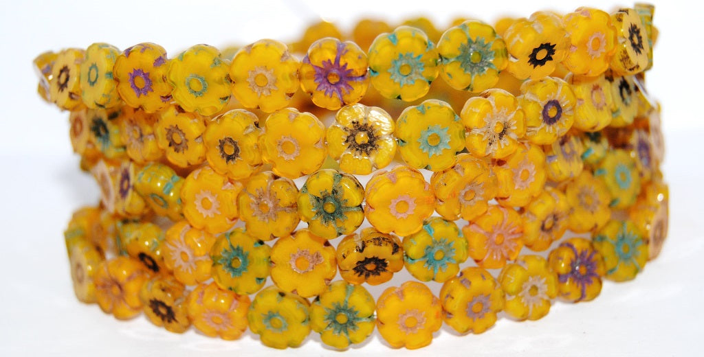 Table Cut Round Beads Hawaii Flowers, Opal Yellow Mixed Colors Luster (81210-MIX-LUSTER), Glass, Czech Republic