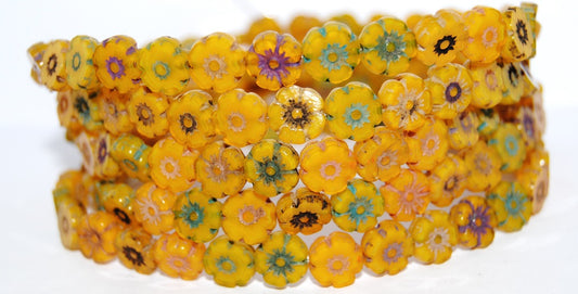 Table Cut Round Beads Hawaii Flowers, Opal Yellow Mixed Colors Luster (81210-MIX-LUSTER), Glass, Czech Republic