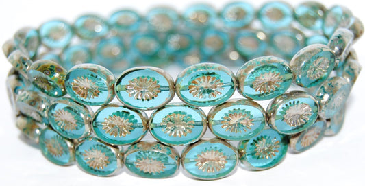 Table Cut Oval Beads Kiwi,Transparent Aqua Picasso (60020-43400), Glass, Czech Republic