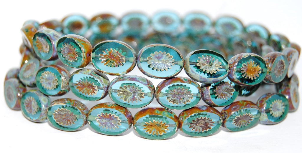 Table Cut Oval Beads Kiwi,Transparent Aqua Travertin (60020-86800), Glass, Czech Republic