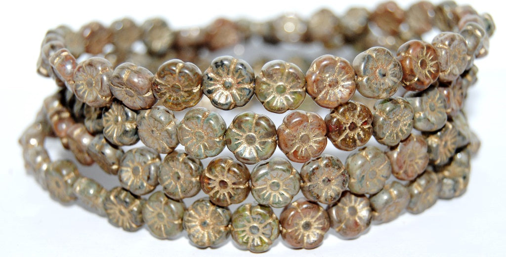 Hawaii Flower Pressed Glass Beads, Mixed Colors Color Gold Lined (MIX-COLOR-54202), Glass, Czech Republic