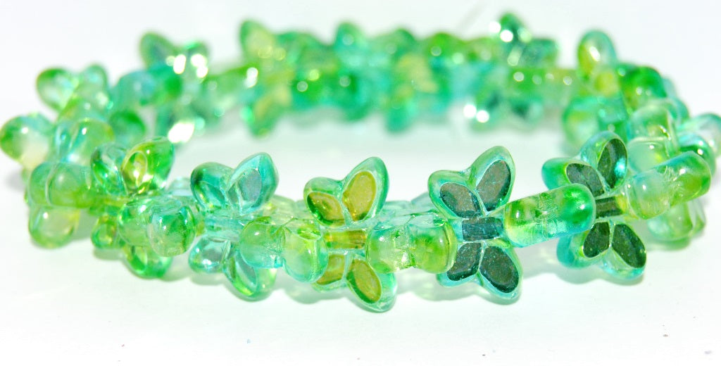 Table Cut Butterfly Beads, Glossy Green Yellow (48110), Glass, Czech Republic