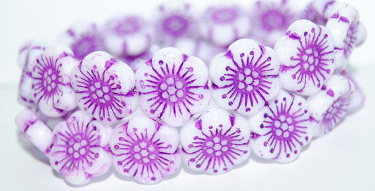 Flower Pressed Glass Beads, White Purple Lined (02010-46420), Glass, Czech Republic