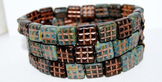 Square With 9 Squares Pressed Glass Beads, Mixed Colors Dark Stain Strong Copper Lined (MIX-DARK-86805-54200), Glass, Czech Republic