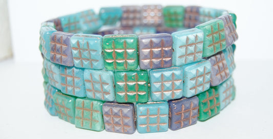 Square With 9 Squares Pressed Glass Beads, Mixed Colors Opal Copper Lined (mix-opal-54200), Glass, Czech Republic