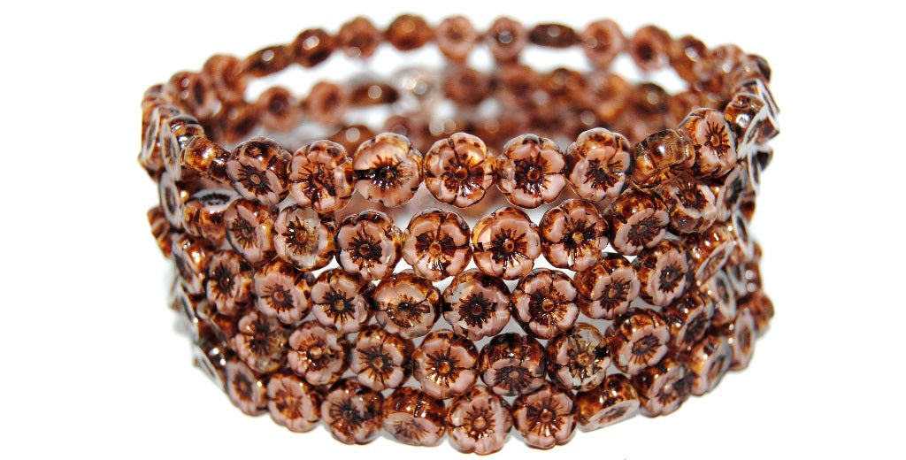 Table Cut Round Beads Hawaii Flowers, Opaque Pink Travertin (76028-86800), Glass, Czech Republic