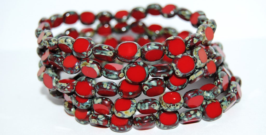 Table Cut Round Candy Beads, Opaque Red Picasso (93200-66800), Glass, Czech Republic