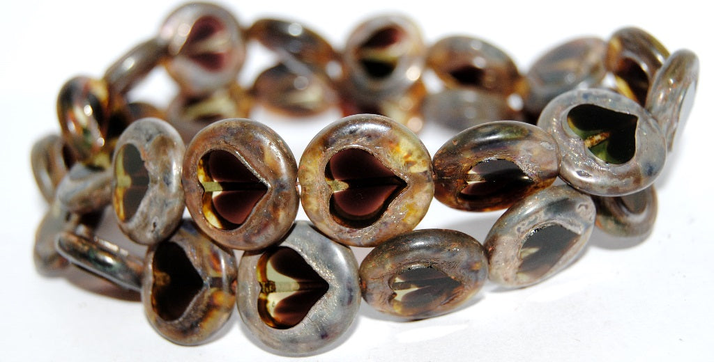 Table Cut Round Beads With Heart, 27501 Picasso (27501-43400), Glass, Czech Republic