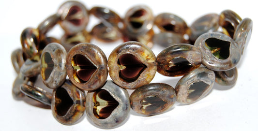 Table Cut Round Beads With Heart, 27501 Picasso (27501-43400), Glass, Czech Republic