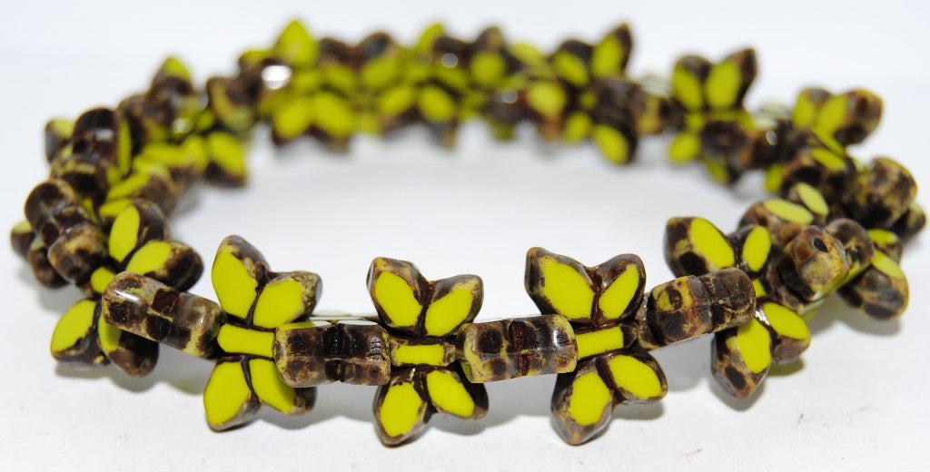 Table Cut Butterfly Beads, Opaque Green Travertin (53400-86800), Glass, Czech Republic