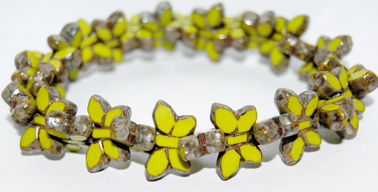 Table Cut Butterfly Beads, Opaque Green Picasso (53400-43400), Glass, Czech Republic