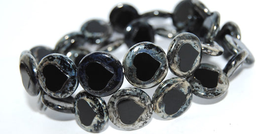 Table Cut Round Beads With Heart, Black Picasso (23980-43400), Glass, Czech Republic