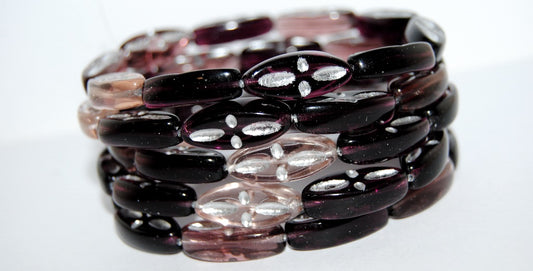 Boat Oval Pressed Glass Beads With Decor, Mixed Colors Purple Silver Lined (MIX-PURPLE-54201), Glass, Czech Republic