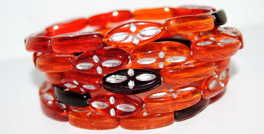 Boat Oval Pressed Glass Beads With Decor, Mixed Colors Red Silver Lined (MIX-RED-54201), Glass, Czech Republic